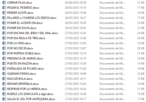 Lista de documentos de Word usada para ilustrar la expresión CADA LOCO CON SU TEMA.