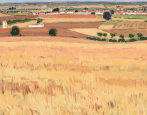 Paisaje con pueblo al fondo, pintura del rodense Antonio Carrilero.