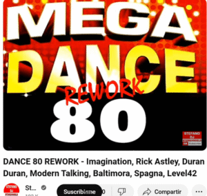 Carátula de vídeo de Youtube con canciones dance de los 80 usada para ilustrar la expresión mi gozo en un pozo.