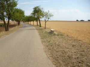Banco en una carretera rural de La Mancha en una imagen usada para ilustrar la expresión pasarse de revoluciones.