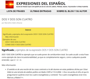 Captura de pantalla del blog Expresiones del Español usada en la páginas del mismo dedicada a las citas periodísticas.